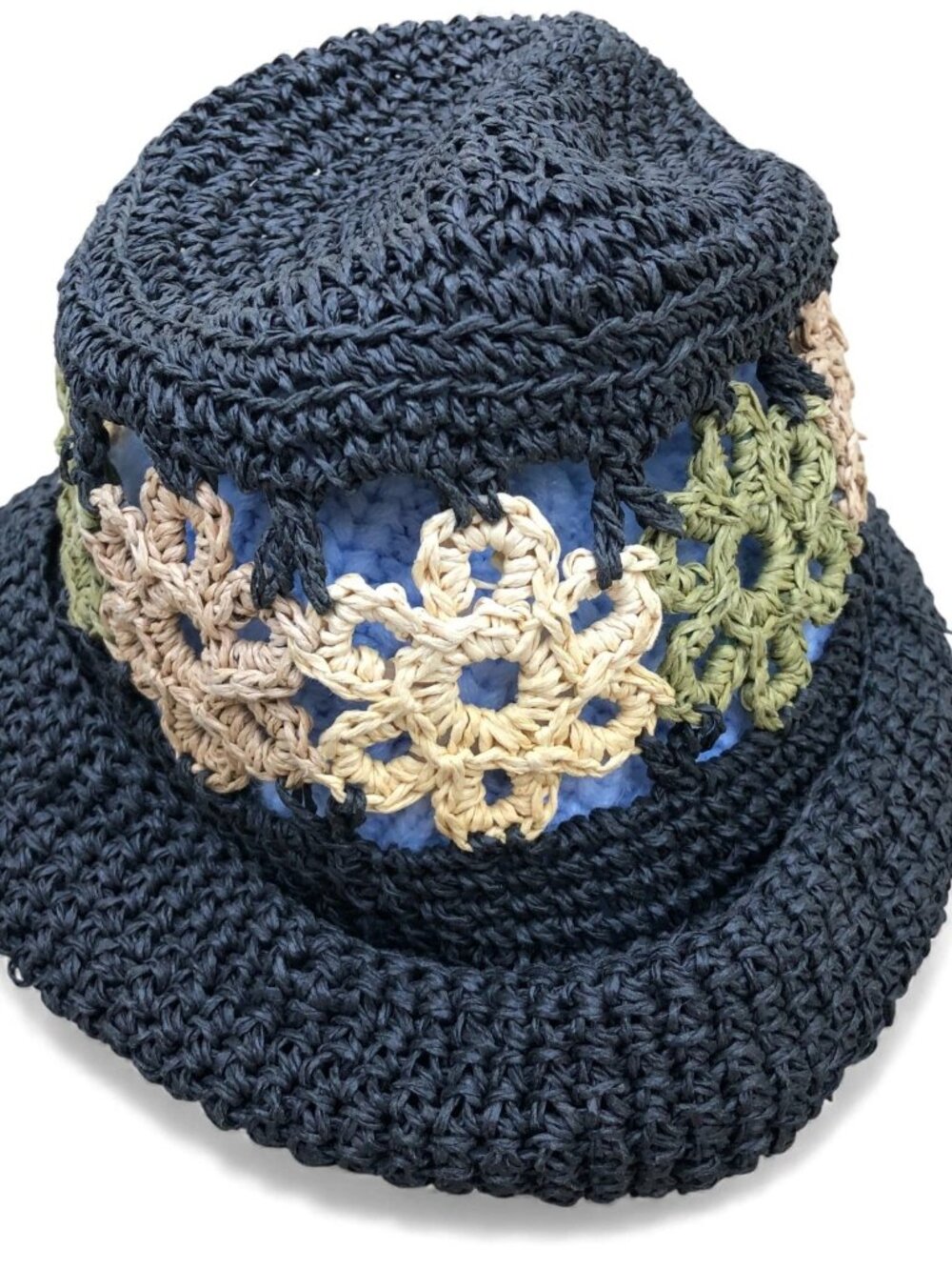 Crochet Knit Bucket Hat Women's One Size Floral Flowers Grey Cap